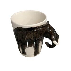 World Market Elephant 3D Handle Ceramic Coffee Mug Brown White Safari Animal Cup